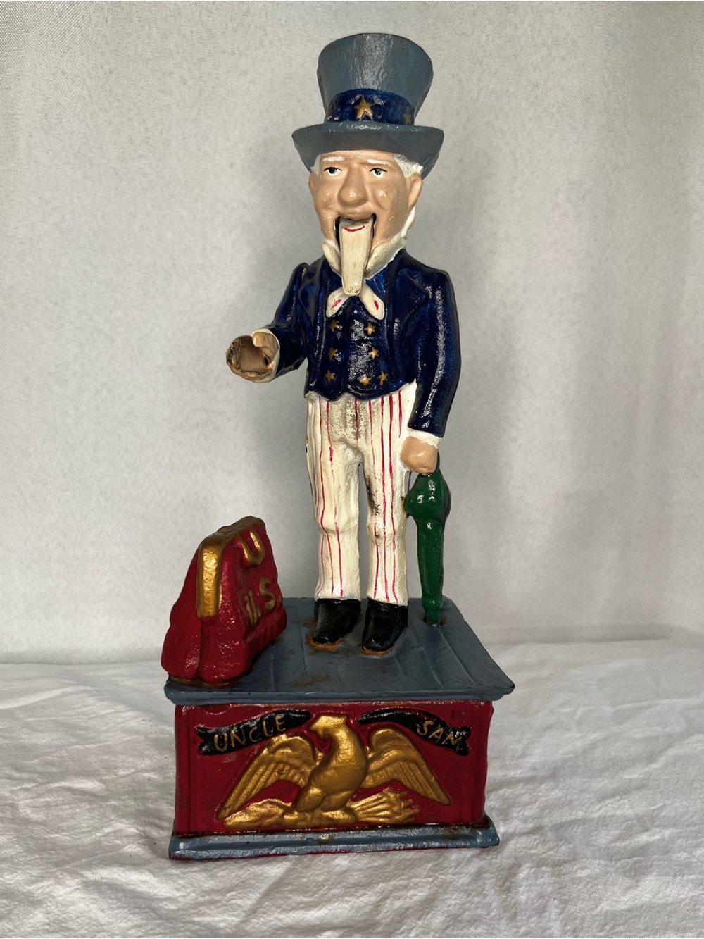 Vintage Cast Iron Uncle Sam Mechanical Coin Bank Reproduction Americana 💰